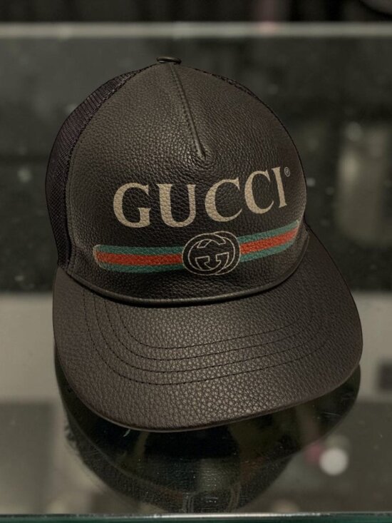 Gucci Other - Black Leather GUCCI GG Baseball Cap / Trucker Hat Crypto Mesh w Dust Bag Size M